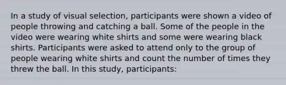 In a study of visual selection, participants were shown a video of people throwing and catching a ball. Some of the people in the video were wearing white shirts and some were wearing black shirts. Participants were asked to attend only to the group of people wearing white shirts and count the number of times they threw the ball. In this study, participants: