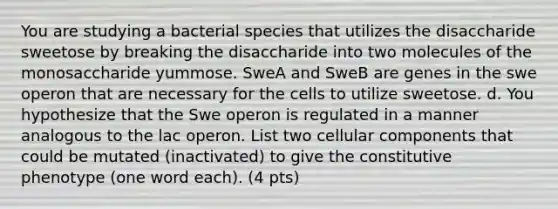 You are studying a bacterial species that utilizes the disaccharide sweetose by breaking the disaccharide into two molecules of the monosaccharide yummose. SweA and SweB are genes in the swe operon that are necessary for the cells to utilize sweetose. d. You hypothesize that the Swe operon is regulated in a manner analogous to the lac operon. List two cellular components that could be mutated (inactivated) to give the constitutive phenotype (one word each). (4 pts)