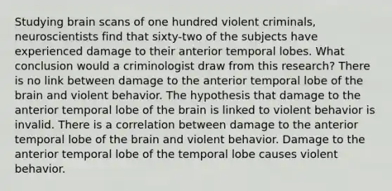 Studying brain scans of one hundred violent criminals, neuroscientists find that sixty-two of the subjects have experienced damage to their anterior temporal lobes. What conclusion would a criminologist draw from this research? There is no link between damage to the anterior temporal lobe of the brain and violent behavior. The hypothesis that damage to the anterior temporal lobe of the brain is linked to violent behavior is invalid. There is a correlation between damage to the anterior temporal lobe of the brain and violent behavior. Damage to the anterior temporal lobe of the temporal lobe causes violent behavior.