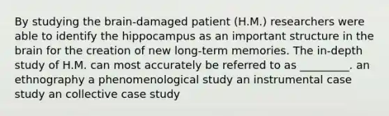 By studying the brain-damaged patient (H.M.) researchers were able to identify the hippocampus as an important structure in the brain for the creation of new long-term memories. The in-depth study of H.M. can most accurately be referred to as _________. an ethnography a phenomenological study an instrumental case study an collective case study