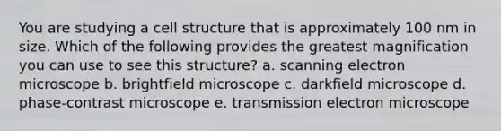 You are studying a cell structure that is approximately 100 nm in size. Which of the following provides the greatest magnification you can use to see this structure? a. scanning electron microscope b. brightfield microscope c. darkfield microscope d. phase-contrast microscope e. transmission electron microscope