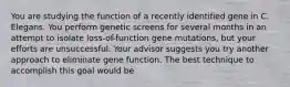 You are studying the function of a recently identified gene in C. Elegans. You perform genetic screens for several months in an attempt to isolate loss-of-function gene mutations, but your efforts are unsuccessful. Your advisor suggests you try another approach to eliminate gene function. The best technique to accomplish this goal would be