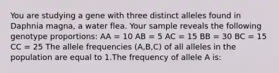 You are studying a gene with three distinct alleles found in Daphnia magna, a water flea. Your sample reveals the following genotype proportions: AA = 10 AB = 5 AC = 15 BB = 30 BC = 15 CC = 25 The allele frequencies (A,B,C) of all alleles in the population are equal to 1.The frequency of allele A is: