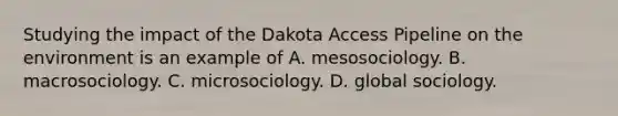 Studying the impact of the Dakota Access Pipeline on the environment is an example of A. mesosociology. B. macrosociology. C. microsociology. D. global sociology.