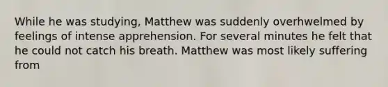 While he was studying, Matthew was suddenly overhwelmed by feelings of intense apprehension. For several minutes he felt that he could not catch his breath. Matthew was most likely suffering from