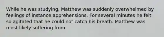 While he was studying, Matthew was suddenly overwhelmed by feelings of instance apprehensions. For several minutes he felt so agitated that he could not catch his breath. Matthew was most likely suffering from