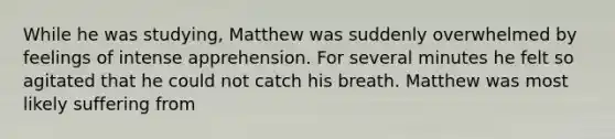 While he was studying, Matthew was suddenly overwhelmed by feelings of intense apprehension. For several minutes he felt so agitated that he could not catch his breath. Matthew was most likely suffering from