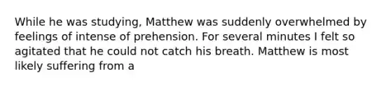 While he was studying, Matthew was suddenly overwhelmed by feelings of intense of prehension. For several minutes I felt so agitated that he could not catch his breath. Matthew is most likely suffering from a