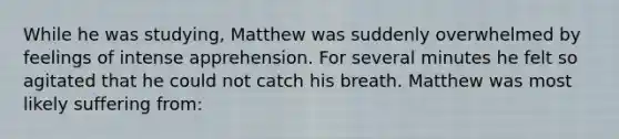 While he was studying, Matthew was suddenly overwhelmed by feelings of intense apprehension. For several minutes he felt so agitated that he could not catch his breath. Matthew was most likely suffering from: