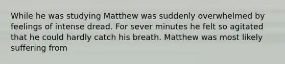 While he was studying Matthew was suddenly overwhelmed by feelings of intense dread. For sever minutes he felt so agitated that he could hardly catch his breath. Matthew was most likely suffering from