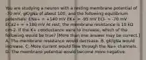 You are studying a neuron with a resting membrane potential of -70 mV, gK/gNa of about 100, and the following equilibrium potentials: ENa+ = +140 mV EK+ = -95 mV ECl- = -70 mV ECa2+ = +180 mV At rest, the membrane resistance is 10 kΩ cm-2. If the K+ conductance were to increase, which of the following would be true? [More than one answer may be correct.] A. The membrane resistance would decrease. B. gK/gNa would increase. C. More current would flow through the Na+ channels. D. The membrane potential would become more negative.