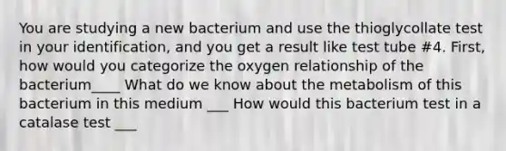 You are studying a new bacterium and use the thioglycollate test in your identification, and you get a result like test tube #4. First, how would you categorize the oxygen relationship of the bacterium____ What do we know about the metabolism of this bacterium in this medium ___ How would this bacterium test in a catalase test ___