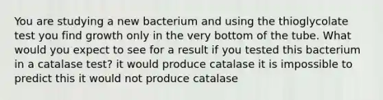 You are studying a new bacterium and using the thioglycolate test you find growth only in the very bottom of the tube. What would you expect to see for a result if you tested this bacterium in a catalase test? it would produce catalase it is impossible to predict this it would not produce catalase