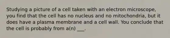 Studying a picture of a cell taken with an electron microscope, you find that the cell has no nucleus and no mitochondria, but it does have a plasma membrane and a cell wall. You conclude that the cell is probably from a(n) ___.