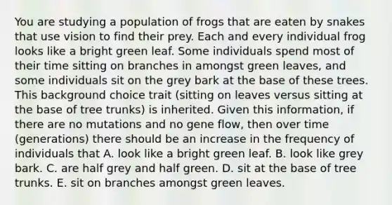 You are studying a population of frogs that are eaten by snakes that use vision to find their prey. Each and every individual frog looks like a bright green leaf. Some individuals spend most of their time sitting on branches in amongst green leaves, and some individuals sit on the grey bark at the base of these trees. This background choice trait (sitting on leaves versus sitting at the base of tree trunks) is inherited. Given this information, if there are no mutations and no gene flow, then over time (generations) there should be an increase in the frequency of individuals that A. look like a bright green leaf. B. look like grey bark. C. are half grey and half green. D. sit at the base of tree trunks. E. sit on branches amongst green leaves.