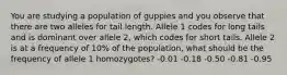 You are studying a population of guppies and you observe that there are two alleles for tail length. Allele 1 codes for long tails and is dominant over allele 2, which codes for short tails. Allele 2 is at a frequency of 10% of the population, what should be the frequency of allele 1 homozygotes? -0.01 -0.18 -0.50 -0.81 -0.95