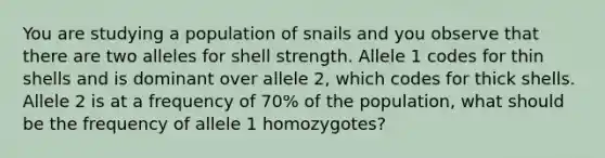 You are studying a population of snails and you observe that there are two alleles for shell strength. Allele 1 codes for thin shells and is dominant over allele 2, which codes for thick shells. Allele 2 is at a frequency of 70% of the population, what should be the frequency of allele 1 homozygotes?