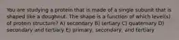 You are studying a protein that is made of a single subunit that is shaped like a doughnut. The shape is a function of which level(s) of protein structure? A) secondary B) tertiary C) quaternary D) secondary and tertiary E) primary, secondary, and tertiary