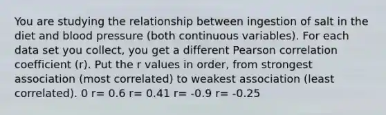 You are studying the relationship between ingestion of salt in the diet and blood pressure (both continuous variables). For each data set you collect, you get a different Pearson correlation coefficient (r). Put the r values in order, from strongest association (most correlated) to weakest association (least correlated). 0 r= 0.6 r= 0.41 r= -0.9 r= -0.25