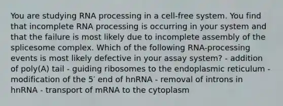 You are studying RNA processing in a cell-free system. You find that incomplete RNA processing is occurring in your system and that the failure is most likely due to incomplete assembly of the splicesome complex. Which of the following RNA-processing events is most likely defective in your assay system? - addition of poly(A) tail - guiding ribosomes to the endoplasmic reticulum - modification of the 5′ end of hnRNA - removal of introns in hnRNA - transport of mRNA to the cytoplasm