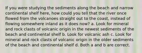 If you were studying the sediments along the beach and narrow continental shelf here, how could you tell that the river once flowed from the volcanoes straight out to the coast, instead of flowing somewhere inland as it does now? a. Look for mineral and rock clasts of volcanic origin in the newest sediments of the beach and continental shelf b. Look for volcanic ash c. Look for mineral and rock clasts of volcanic origin in the older sediments of the beach and continental shelf d. Both a and b are correct.