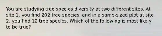 You are studying tree species diversity at two different sites. At site 1, you find 202 tree species, and in a same-sized plot at site 2, you find 12 tree species. Which of the following is most likely to be true?