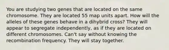 You are studying two genes that are located on the same chromosome. They are located 55 map units apart. How will the alleles of these genes behave in a dihybrid cross? They will appear to segregate independently, as if they are located on different chromosomes. Can't say without knowing the recombination frequency. They will stay together.