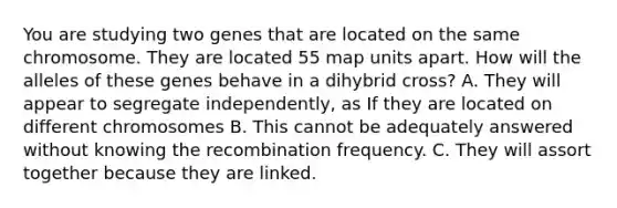 You are studying two genes that are located on the same chromosome. They are located 55 map units apart. How will the alleles of these genes behave in a dihybrid cross? A. They will appear to segregate independently, as If they are located on different chromosomes B. This cannot be adequately answered without knowing the recombination frequency. C. They will assort together because they are linked.