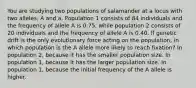 You are studying two populations of salamander at a locus with two alleles, A and a. Population 1 consists of 84 individuals and the frequency of allele A is 0.75, while population 2 consists of 20 individuals and the frequency of allele A is 0.40. If genetic drift is the only evolutionary force acting on the population, in which population is the A allele more likely to reach fixation? In population 2, because it has the smaller population size. In population 1, because it has the larger population size. In population 1, because the initial frequency of the A allele is higher.