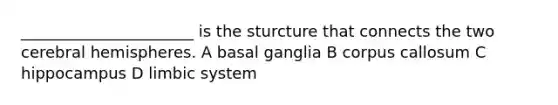 ______________________ is the sturcture that connects the two cerebral hemispheres. A basal ganglia B corpus callosum C hippocampus D limbic system