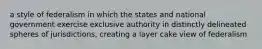 a style of federalism in which the states and national government exercise exclusive authority in distinctly delineated spheres of jurisdictions, creating a layer cake view of federalism