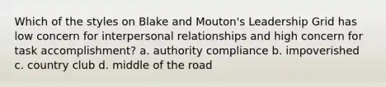 Which of the styles on Blake and Mouton's Leadership Grid has low concern for interpersonal relationships and high concern for task accomplishment? a. authority compliance b. impoverished c. country club d. middle of the road