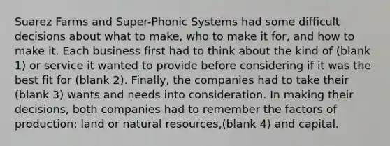 Suarez Farms and Super-Phonic Systems had some difficult decisions about what to make, who to make it for, and how to make it. Each business first had to think about the kind of (blank 1) or service it wanted to provide before considering if it was the best fit for (blank 2). Finally, the companies had to take their (blank 3) wants and needs into consideration. In making their decisions, both companies had to remember the factors of production: land or natural resources,(blank 4) and capital.