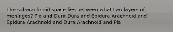 The subarachnoid space lies between what two layers of meninges? Pia and Dura Dura and Epidura Arachnoid and Epidura Arachnoid and Dura Arachnoid and Pia