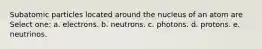 Subatomic particles located around the nucleus of an atom are Select one: a. electrons. b. neutrons. c. photons. d. protons. e. neutrinos.