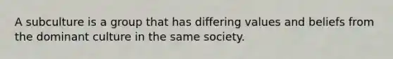 A subculture is a group that has differing values and beliefs from the dominant culture in the same society.