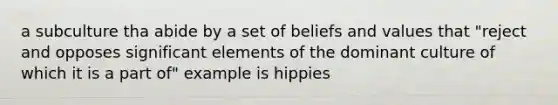 a subculture tha abide by a set of beliefs and values that "reject and opposes significant elements of the dominant culture of which it is a part of" example is hippies