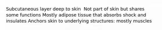 Subcutaneous layer deep to skin ​ Not part of skin but shares some functions​ Mostly adipose tissue that absorbs shock and insulates​ Anchors skin to underlying structures: mostly muscles