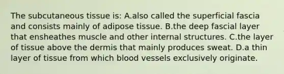 The subcutaneous tissue is: A.also called the superficial fascia and consists mainly of adipose tissue. B.the deep fascial layer that ensheathes muscle and other internal structures. C.the layer of tissue above the dermis that mainly produces sweat. D.a thin layer of tissue from which blood vessels exclusively originate.