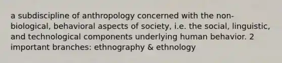 a subdiscipline of anthropology concerned with the non-biological, behavioral aspects of society, i.e. the social, linguistic, and technological components underlying human behavior. 2 important branches: ethnography & ethnology