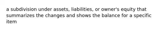 a subdivision under assets, liabilities, or owner's equity that summarizes the changes and shows the balance for a specific item