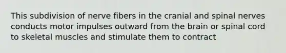 This subdivision of nerve fibers in the cranial and <a href='https://www.questionai.com/knowledge/kyBL1dWgAx-spinal-nerves' class='anchor-knowledge'>spinal nerves</a> conducts motor impulses outward from <a href='https://www.questionai.com/knowledge/kLMtJeqKp6-the-brain' class='anchor-knowledge'>the brain</a> or spinal cord to skeletal muscles and stimulate them to contract