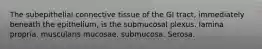 The subepithelial connective tissue of the GI tract, immediately beneath the epithelium, is the submucosal plexus. lamina propria. muscularis mucosae. submucosa. Serosa.