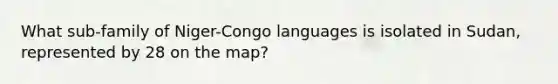 What sub-family of Niger-Congo languages is isolated in Sudan, represented by 28 on the map?