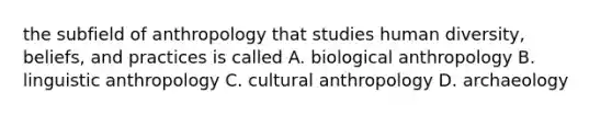 the subfield of anthropology that studies human diversity, beliefs, and practices is called A. biological anthropology B. linguistic anthropology C. cultural anthropology D. archaeology