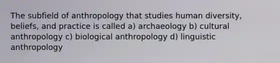 The subfield of anthropology that studies human diversity, beliefs, and practice is called a) archaeology b) cultural anthropology c) biological anthropology d) linguistic anthropology