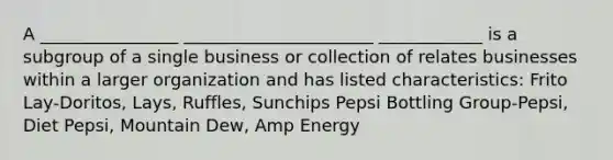 A ________________ ______________________ ____________ is a subgroup of a single business or collection of relates businesses within a larger organization and has listed characteristics: Frito Lay-Doritos, Lays, Ruffles, Sunchips Pepsi Bottling Group-Pepsi, Diet Pepsi, Mountain Dew, Amp Energy