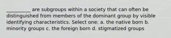 __________ are subgroups within a society that can often be distinguished from members of the dominant group by visible identifying characteristics. Select one: a. the native born b. minority groups c. the foreign born d. stigmatized groups