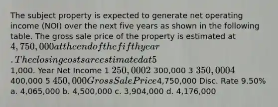 The subject property is expected to generate net operating income (NOI) over the next five years as shown in the following table. The gross sale price of the property is estimated at 4,750,000 at the end of the fifth year. The closing costs are estimated at 5% of the gross sale price. The discount rate is 9.5%. Cash flows are at the end of each year. What is the value of this investment? Round your answer to the nearest1,000. Year Net Income 1 250,000 2 300,000 3 350,000 4 400,000 5 450,000 Gross Sale Price4,750,000 Disc. Rate 9.50% a. 4,065,000 b. 4,500,000 c. 3,904,000 d. 4,176,000