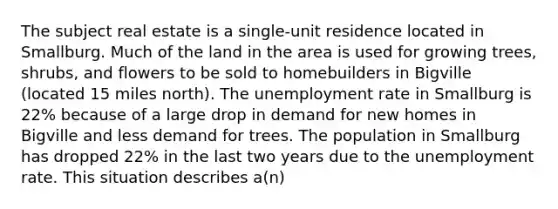 The subject real estate is a single-unit residence located in Smallburg. Much of the land in the area is used for growing trees, shrubs, and flowers to be sold to homebuilders in Bigville (located 15 miles north). The unemployment rate in Smallburg is 22% because of a large drop in demand for new homes in Bigville and less demand for trees. The population in Smallburg has dropped 22% in the last two years due to the unemployment rate. This situation describes a(n)